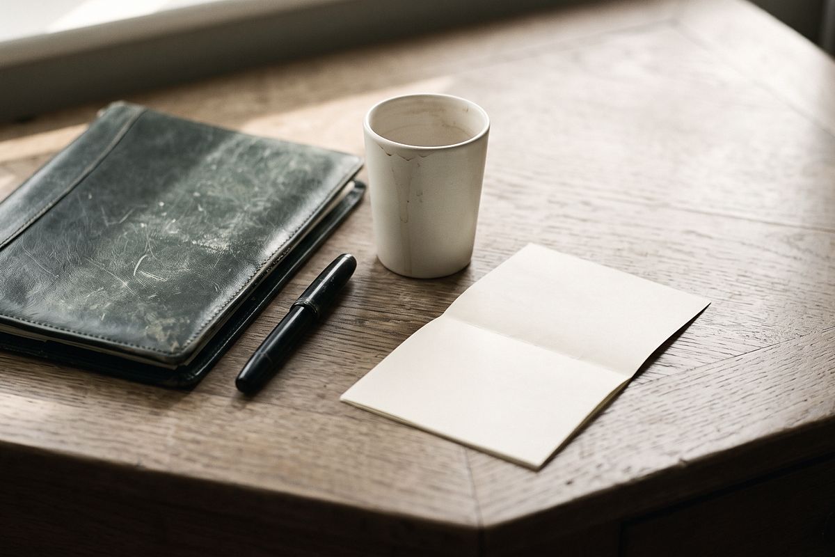 A quiet desk corner in morning light: a closed leather folder, a pen laid at rest, a cup and a single folded sheet of paper.
